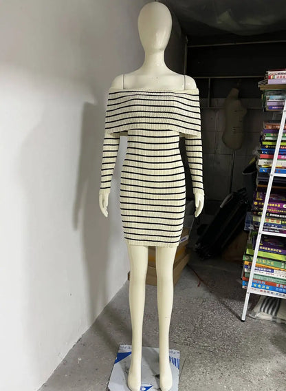 Bodycon Dresses- Women's Folded Shoulders Dress in Stripe Knitting- - Pekosa Women Fashion