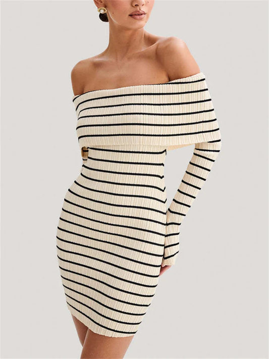 Bodycon Dresses- Women's Folded Shoulders Dress in Stripe Knitting- Beige- Pekosa Women Fashion