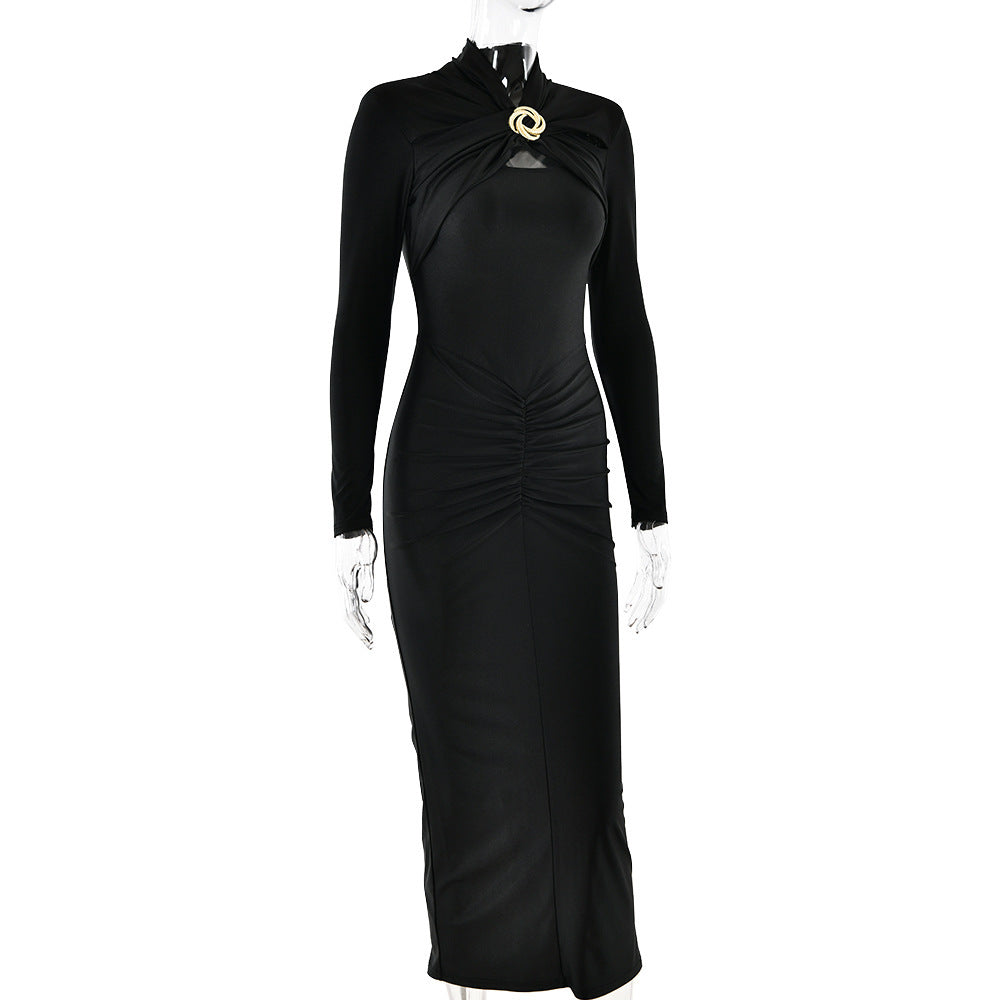 Bodycon Midi Dresses - Elegant Long Sleeve Midi Dress - Ruched Waist + Gold Brooch Detail for Evening Wear