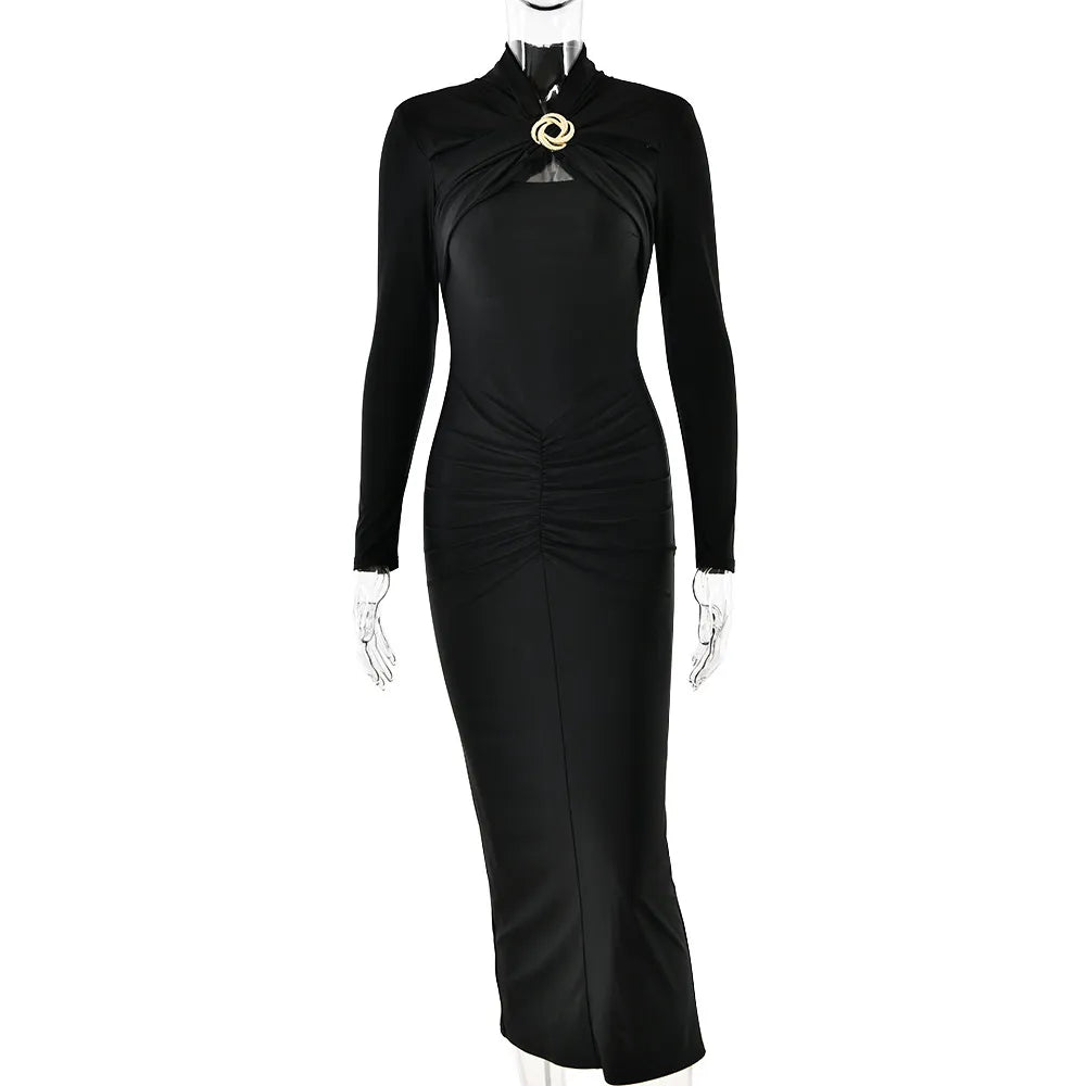 Bodycon Midi Dresses - Elegant Long Sleeve Midi Dress - Ruched Waist + Gold Brooch Detail for Evening Wear