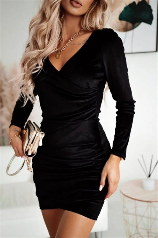 Bodycon Mini Dresses- Autumn V-Neck Mini Dress - Perfect for Parties & Dates!