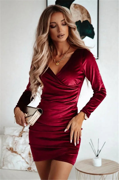 Bodycon Mini Dresses- Autumn V-Neck Mini Dress - Perfect for Parties & Dates!