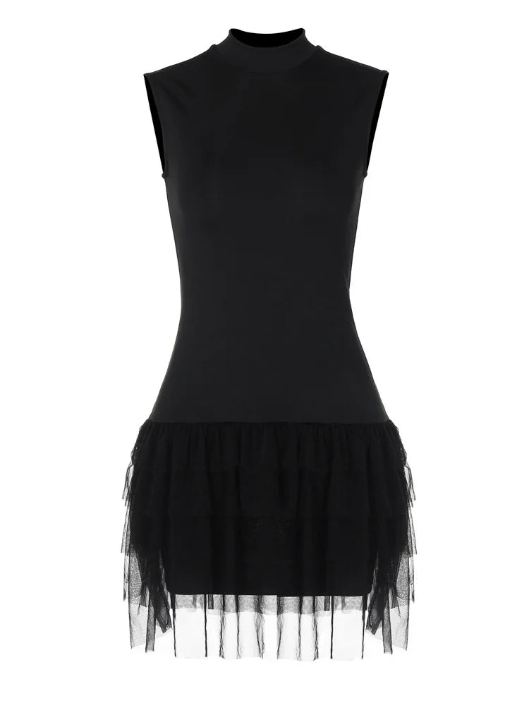 Bodycon Mini Dresses - Black Sleeveless Mini Dress with Mesh Skirt for Party