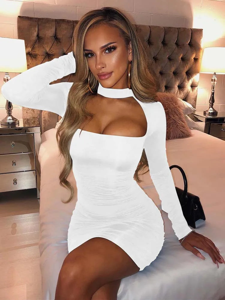 Bodycon Mini Dresses- Choker Ruched Bodycon Long Sleeve Dress for Night Out