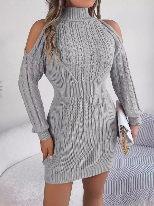 Bodycon Mini Dresses - Cold-shoulder Turtleneck Cables & Ribs Knit Mini Dress