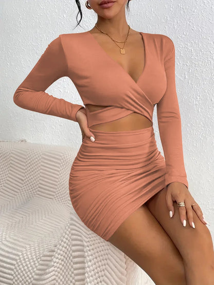 Bodycon Mini Dresses - CrissCross Cut Out V-neck Nightclub Ready Ruched Mini Dress