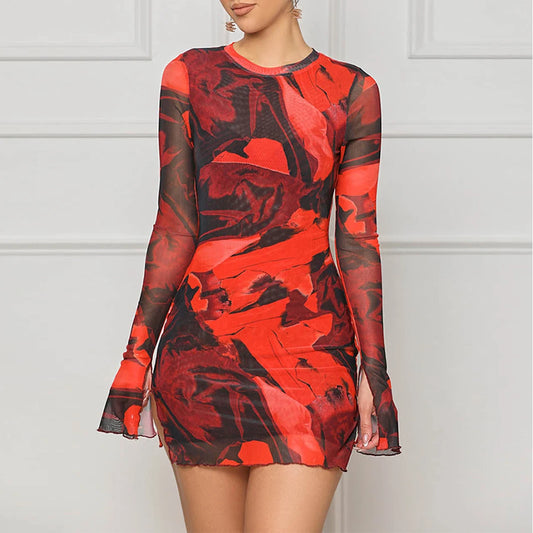 Bodycon Mini Dresses - Floral Mesh Bodycon Mini Dress for Evening Events-for Clubbing