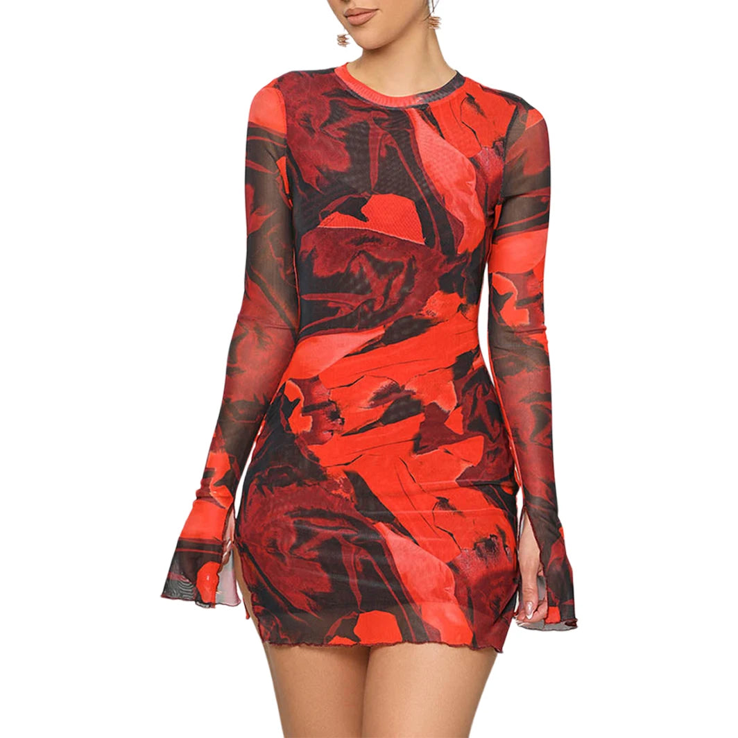 Bodycon Mini Dresses - Floral Mesh Bodycon Mini Dress for Evening Events-for Clubbing