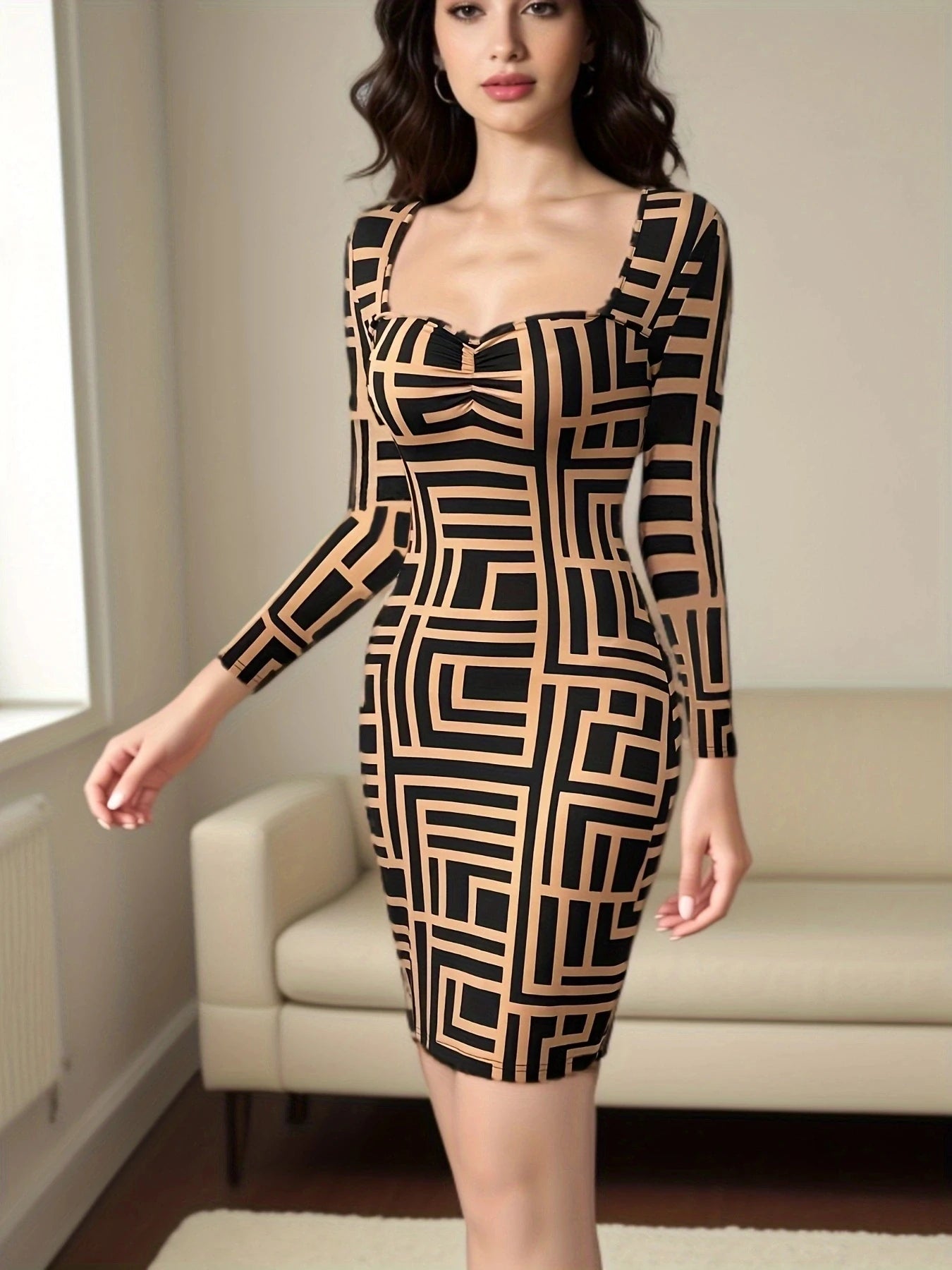 Bodycon Mini Dresses - Long-Sleeve Geometric Print Bodycon Mini Dress - For Hourglass Figures