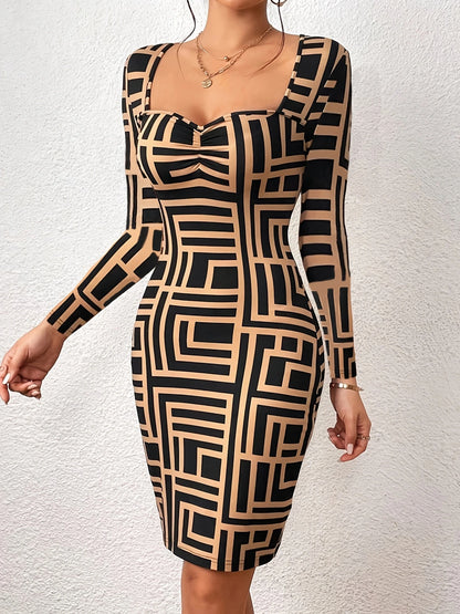 Bodycon Mini Dresses - Long-Sleeve Geometric Print Bodycon Mini Dress - For Hourglass Figures