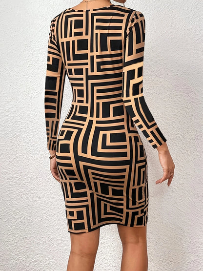 Bodycon Mini Dresses - Long-Sleeve Geometric Print Bodycon Mini Dress - For Hourglass Figures