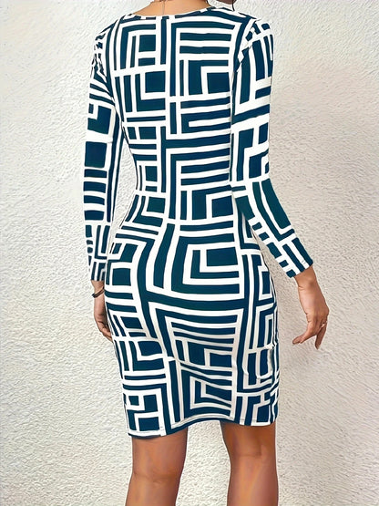 Bodycon Mini Dresses - Long-Sleeve Geometric Print Bodycon Mini Dress - For Hourglass Figures