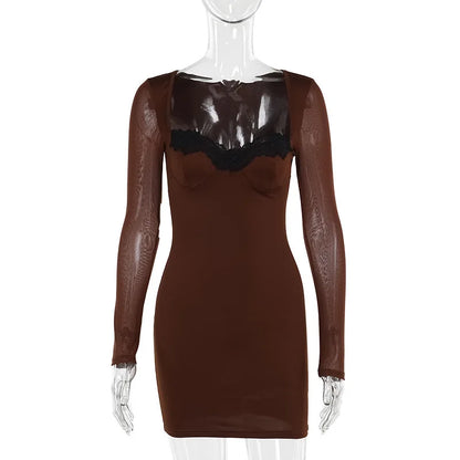 Bodycon Mini Dresses- Sheer Long Sleeve Bodycon Mini Dress with Lace Details