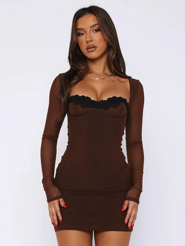 Bodycon Mini Dresses- Sheer Long Sleeve Bodycon Mini Dress with Lace Details