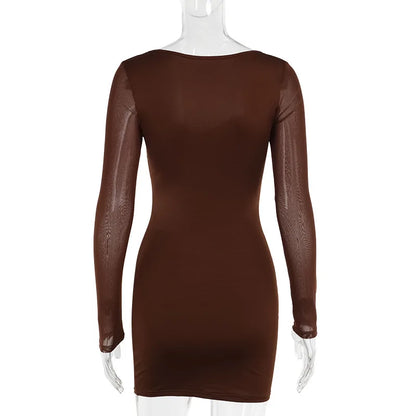 Bodycon Mini Dresses- Sheer Long Sleeve Bodycon Mini Dress with Lace Details