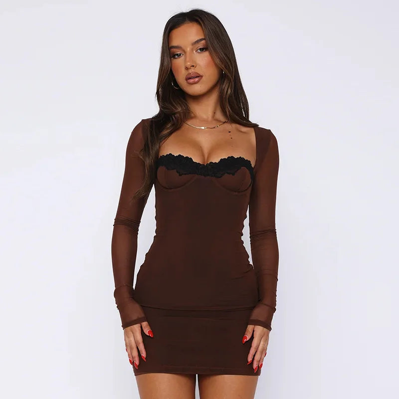 Bodycon Mini Dresses- Sheer Long Sleeve Bodycon Mini Dress with Lace Details