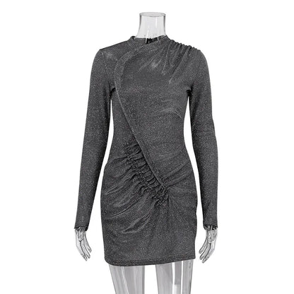 Bodycon Mini Dresses- Silver Glitter Ruched Long Sleeve Party Dress