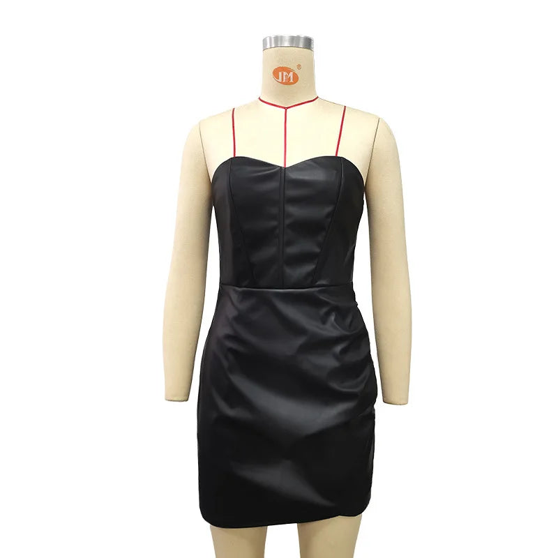 Bodycon Mini Dresses- Strapless Faux Leather Mini Dress