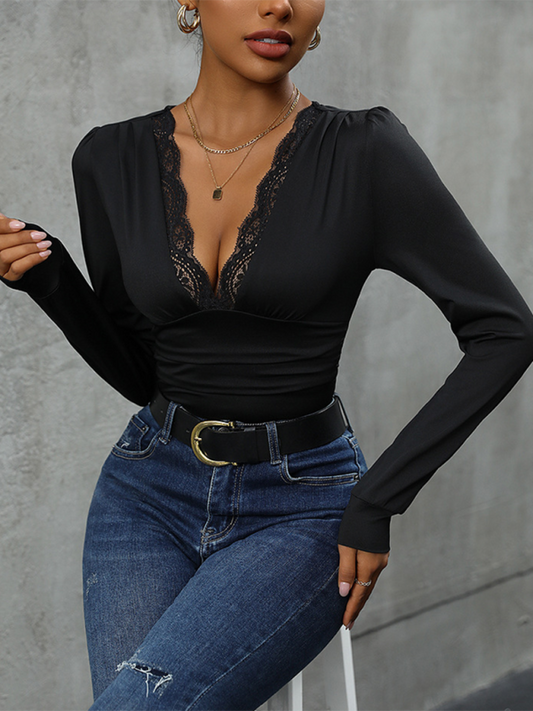 Elegant Lace V-Neck Bodysuit - Women's Slim Fit Top