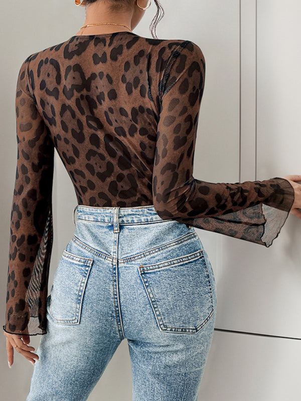 Bodysuits - Elegant Leopard Lace Bodysuit Retro Flair Top