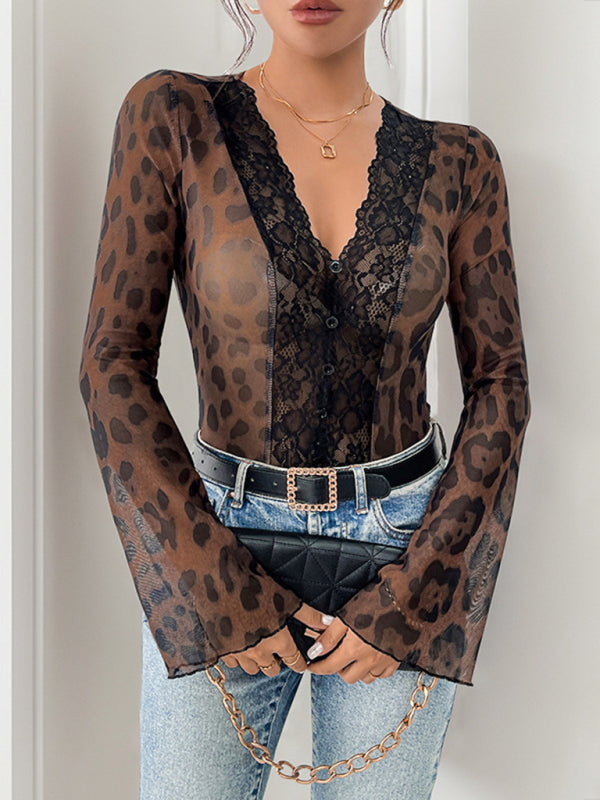 Bodysuits - Elegant Leopard Lace Bodysuit Retro Flair Top