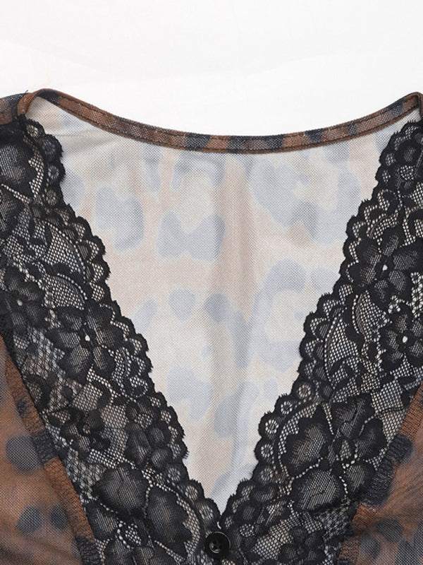 Bodysuits - Elegant Leopard Lace Bodysuit Retro Flair Top