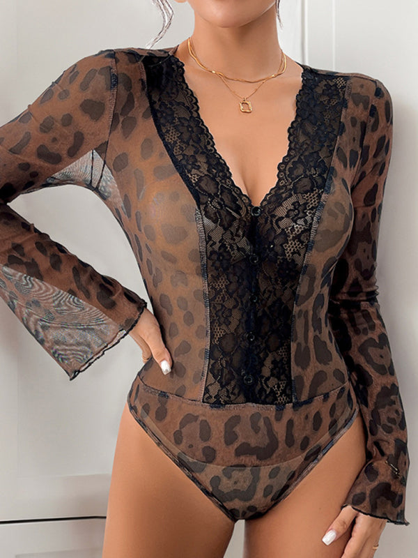 Bodysuits - Elegant Leopard Lace Bodysuit Retro Flair Top