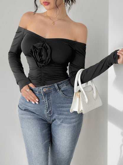 Bodysuits - Floral Applique Off-Shoulder Bodysuit for Cocktail Parties