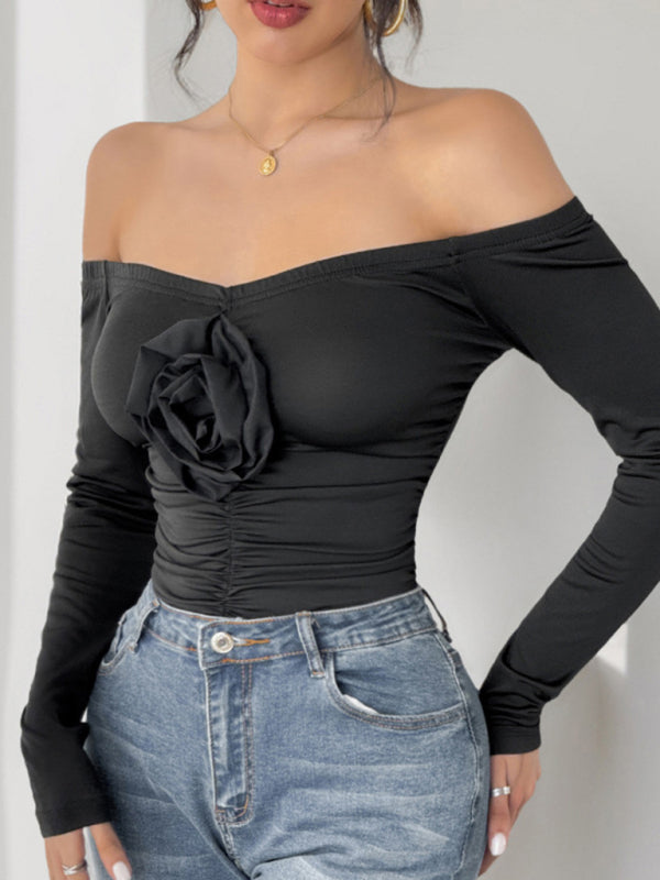 Bodysuits - Floral Applique Off-Shoulder Bodysuit for Cocktail Parties