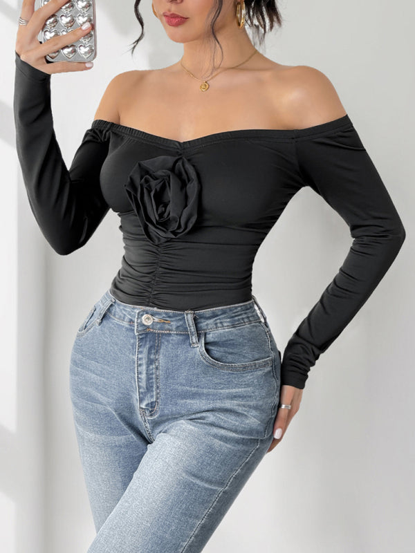 Bodysuits - Floral Applique Off-Shoulder Bodysuit for Cocktail Parties