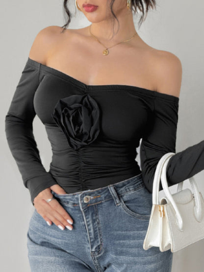 Bodysuits - Floral Applique Off-Shoulder Bodysuit for Cocktail Parties