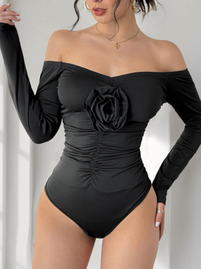 Bodysuits - Floral Applique Off-Shoulder Bodysuit for Cocktail Parties