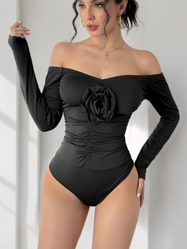 Bodysuits - Floral Applique Off-Shoulder Bodysuit for Cocktail Parties