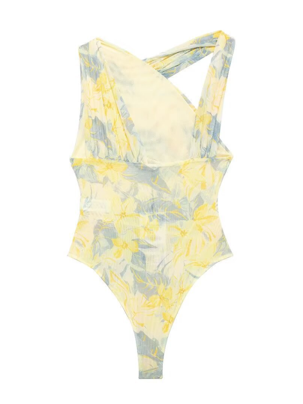 Bodysuits- Floral Wrapped Ruched Bodysuit- - Pekosa Women Fashion