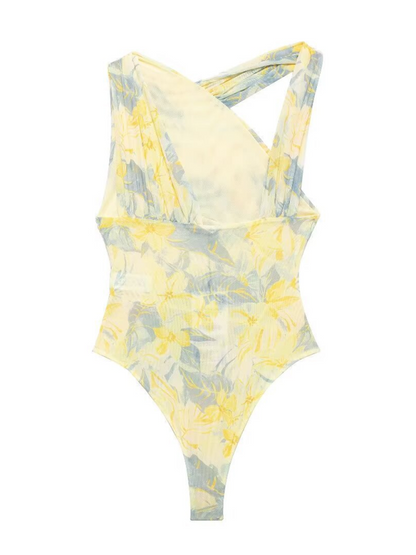 Bodysuits- Floral Wrapped Ruched Bodysuit- - Pekosa Women Fashion