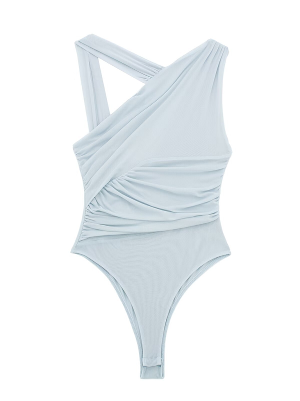 Bodysuits- Floral Wrapped Ruched Bodysuit- Clear blue- Pekosa Women Fashion