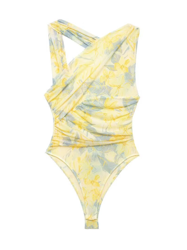 Bodysuits- Floral Wrapped Ruched Bodysuit- Light yellow- Pekosa Women Fashion