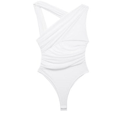 Bodysuits- Floral Wrapped Ruched Bodysuit- White- Pekosa Women Fashion