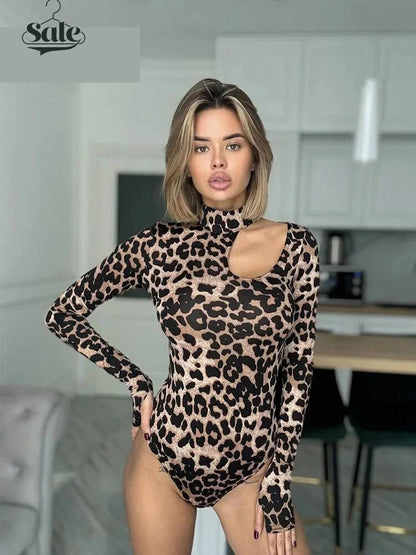 Bodysuits - Leopard Print Cutout Bodysuit High Neck Top with Long Sleeves