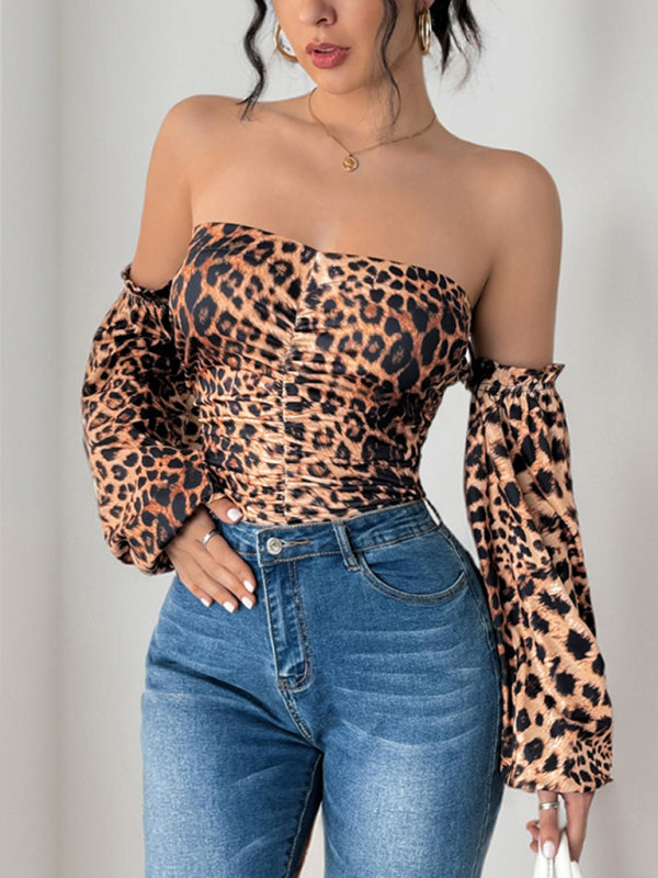 Bodysuits - Leopard Print Off-Shoulder Bodysuit with Dramatic Sleeves