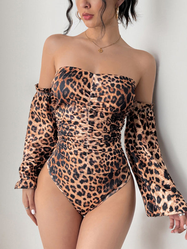 Bodysuits - Leopard Print Off-Shoulder Bodysuit with Dramatic Sleeves