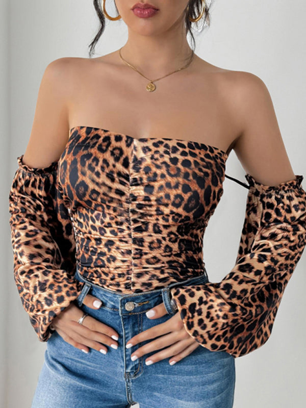 Bodysuits - Leopard Print Off-Shoulder Bodysuit with Dramatic Sleeves