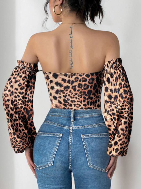 Bodysuits - Leopard Print Off-Shoulder Bodysuit with Dramatic Sleeves