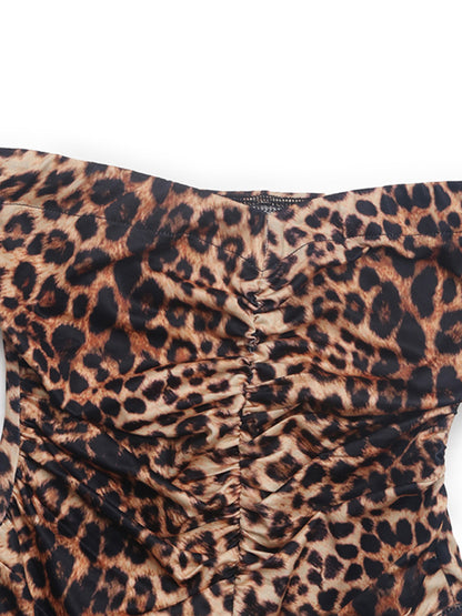 Bodysuits - Leopard Print Off-Shoulder Bodysuit with Dramatic Sleeves