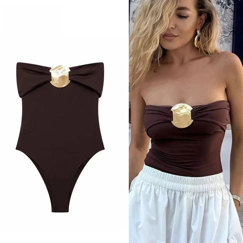 Bodysuits - Strapless Bodysuit with Golden Centerpiece