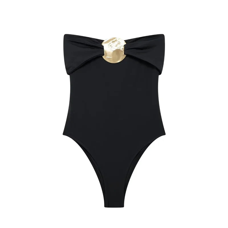 Bodysuits - Strapless Bodysuit with Golden Centerpiece