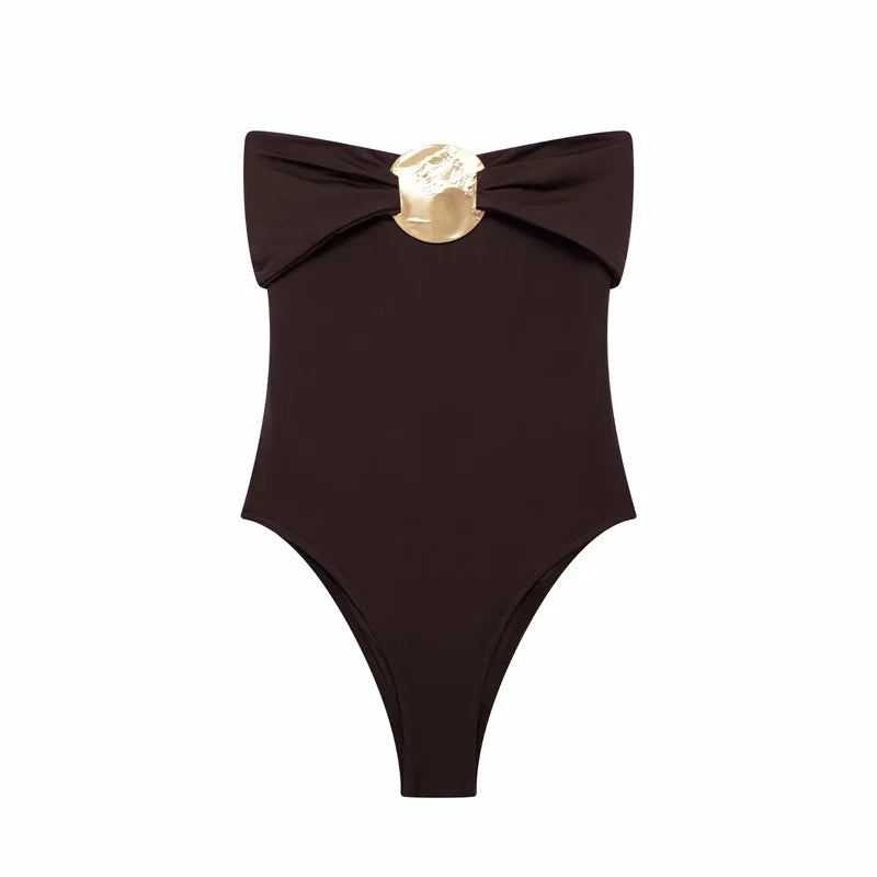 Bodysuits - Strapless Bodysuit with Golden Centerpiece