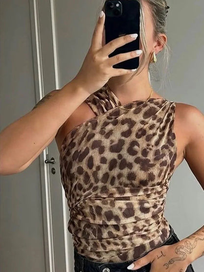 Bodysuits- Women Animal Print Ruched One-Shoulder Top Bodysuit- Animal Print- Pekosa Women Fashion