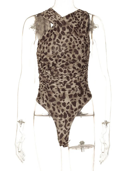 Bodysuits- Women Animal Print Ruched One-Shoulder Top Bodysuit- - Pekosa Women Fashion