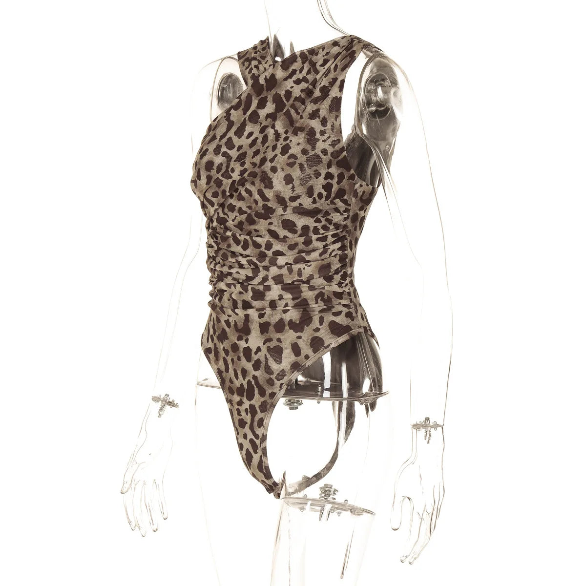 Bodysuits- Women Animal Print Ruched One-Shoulder Top Bodysuit- - Pekosa Women Fashion